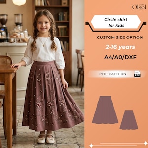 Può includere: Una ragazza indossa una camicetta bianca e una lunga gonna a cerchio malva con ricami floreali. La gonna è un'opzione di taglia personalizzata per bambini dai 2 ai 16 anni, disponibile come modello PDF. È presente anche il testo "Circle skirt for kids".