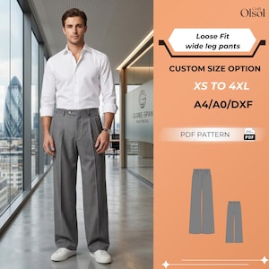 May include: A person wearing a white button-down shirt and gray wide-leg pants. The pants have a pleated front and a relaxed fit. The image includes text that says "Loose Fit wide leg pants" and "CUSTOM SIZE OPTION XS TO 4XL".