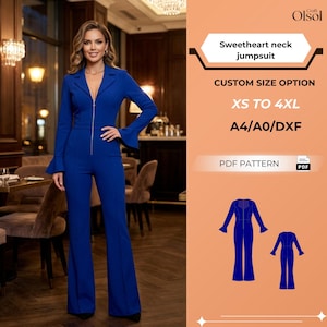 May include: A woman in a royal blue jumpsuit with a sweetheart neckline and flared legs. The jumpsuit has long sleeves with flared cuffs and a front zipper. Text on the image reads "Sweetheart neck jumpsuit", "CUSTOM SIZE OPTION XS TO 4XL", and "PDF PATTERN".