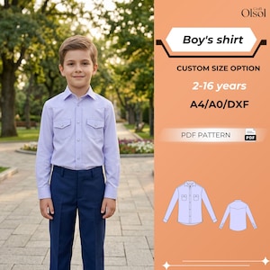 May include: A young person wearing a light purple button-down shirt with two chest pockets and navy blue pants. The image includes text that says "Boy's shirt", "CUSTOM SIZE OPTION", "2-16 years", and "PDF PATTERN".