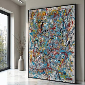 Lienzo expresionista abstracto vibrante, arte mural con pintura goteante de colores, decoración moderna y dinámica para el hogar, lienzo con diseño de salpicaduras enérgicas.