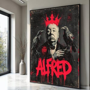 Alfred Hitchcock Portrait Canvas, Dark Art Wall Decor, Movie Legend Wall Art, Red Crown Graffiti Style, Gothic Home Decoration