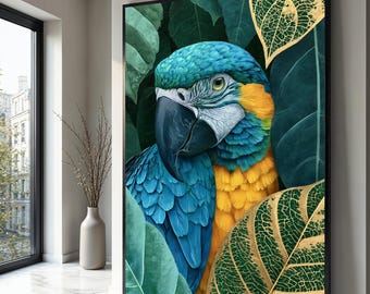 Vibrant Blue Macaw Canvas Print, Tropical Parrot Feather Art, Exotic Bird Jungle Decor