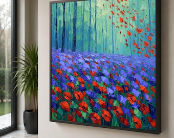 Vibrant Floral Canvas Print, Red Poppies, Blue Flowers, Forest Wall Art