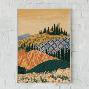 May include: A vertical art print featuring a landscape with rolling hills, tall dark green cypress trees, and a stone building on a hill. The foreground displays white daisy flowers, while the hills show blue geometric and orange zigzag patterns.