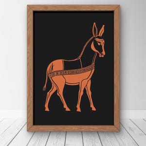 May include: A framed wall art print featuring a stylized terracotta-colored donkey illustration on a solid black background. The donkey is depicted in profile with a decorative Greek key pattern band across its midsection, enclosed in a wood frame.