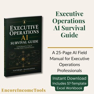 Könnte beinhalten: Ein dunkelgrünes Buch mit dem Titel Executive Operations AI Survival Guide: A Field Manual for Using AI in a High-Stakes Corporate Function von Scott Fulbright. Das Cover zeigt goldenen Text, ein Schachfiguren-Symbol und eine technische Uhrgrafik.