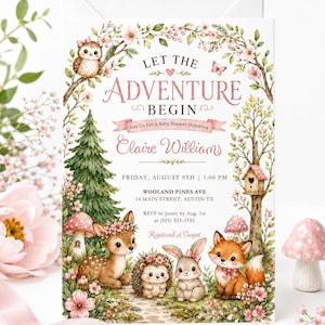 Könnte beinhalten: Eine rechteckige Einladungskarte für eine Babyparty mit Aquarellillustrationen eines Rehs, Igels, Hasen und Fuchses, umgeben von rosa Blumen, Bäumen und einem Vogelhaus. Der Text lautet Let The Adventure Begin, Claire Williams und Veranstaltungsdetails.