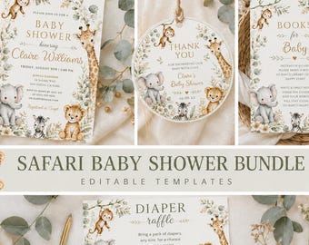 May include: A safari-themed baby shower stationery bundle featuring watercolor illustrations of a monkey, giraffe, elephant, lion, and zebra. The set includes an invitation, thank you tag, book request card, and diaper raffle ticket with botanical accents.
