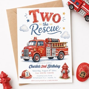 Inbjudan till brandbils 2-årsdag Canva-mall, födelsedagsinbjudan till Two the Rescue, utskrivbar inbjudan till brandmansfest