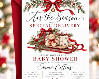 Christmas Baby Shower Invitation, Special Delivery Holiday Baby Shower Invite, Teddy Bear Editable Canva Template