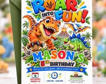 恐竜の誕生日招待状、男の子向け恐竜誕生日招待状、5歳の誕生日、T-Rexパーティー用デジタル招待状