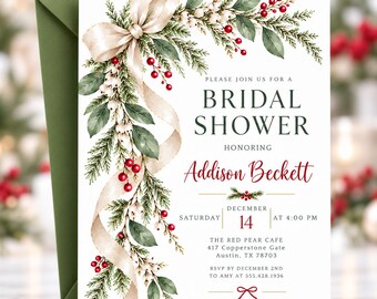 Christmas Bridal Shower Invitation, Winter Greenery Wedding Shower Invite, Holiday Bridal Brunch Digital Invitation