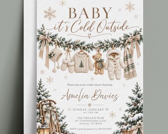 Baby It's Cold Outside Baby Shower Invitation, Gender Neutral Baby Sprinkle Invite, Winter Clothesline, Editable Canva Template