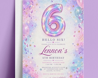 以下が含まれることがあります： 大きな虹色の数字の6のバルーンが上部に描かれた誕生日招待状。パステルピンクとブルーの水彩画風の雲、星、紙吹雪が周囲を飾っています。テキストには「HELLO SIX! PLEASE JOIN US TO CELEBRATE Lennon's 6TH BIRTHDAY」と書かれています。