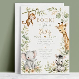 Op de afbeelding: Een uitnodiging voor een babyshower met illustraties van een aap, een giraf, een olifant en een zebra. De tekst luidt "Boeken voor Baby" en vraagt gasten om een boek mee te nemen in plaats van een kaart.