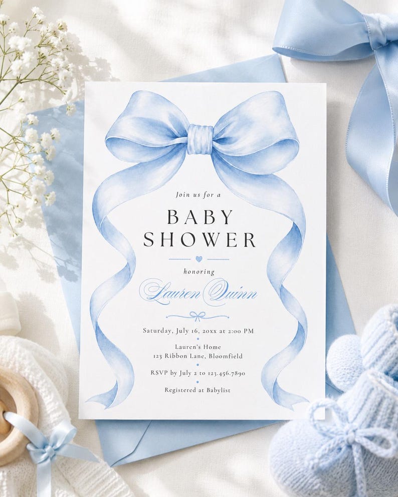 May include: A white rectangular baby shower invitation card featuring a large watercolor light blue ribbon bow at the top with long flowing tails. The text reads: Join us for a BABY SHOWER honoring Lauren Quinn, Saturday, July 16, 20xx at 2:00 PM.