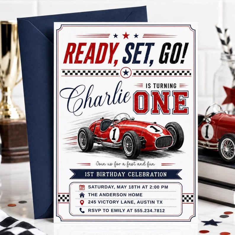 Race Car 1st Birthday Invitation, Boys First Birthday Invite, Vintage ...