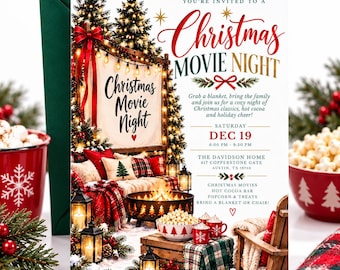 Könnte beinhalten: Eine Einladungskarte für einen Weihnachtsfilmabend mit einer festlichen Außenszene, einer Feuerschale, Laternen und Weihnachtsdekoration. Der Text lautet: You're invited to a Christmas Movie Night, Saturday Dec 19, 6:00 PM - 9:30 PM, The Davidson Home.