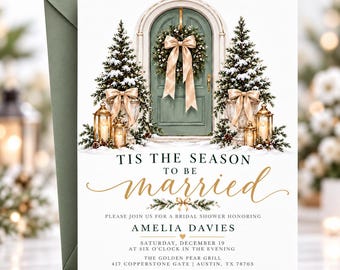 Christmas Bridal Shower Invitation, Winter Wedding Shower Invite, Tis the Season to Be Married, Editable Canva Template