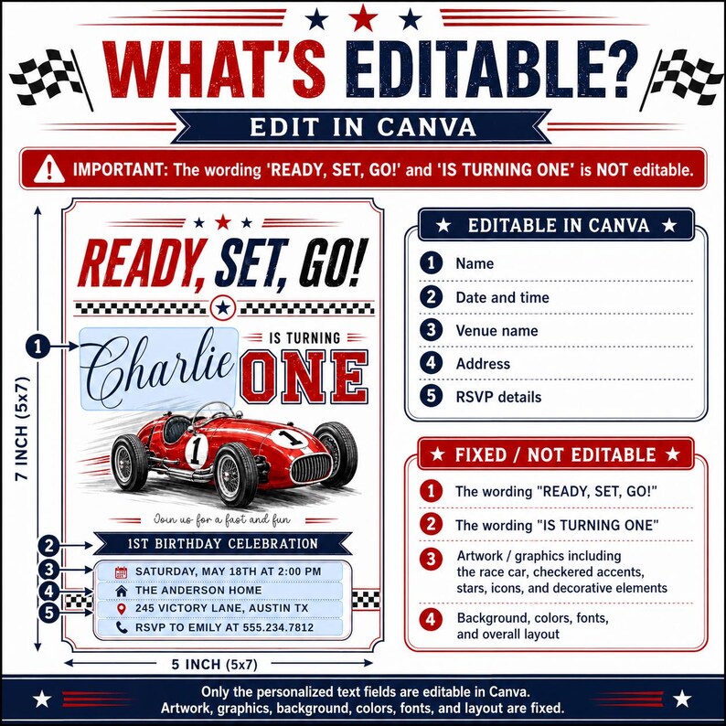 Race Car 1st Birthday Invitation, Boys First Birthday Invite, Vintage ...