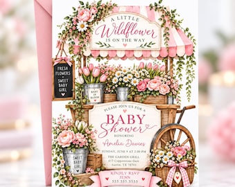 Wildflower Baby Shower Invitation, A Little Wildflower Baby Girl Invite, Pink Flower Farmers Market Editable Canva Template