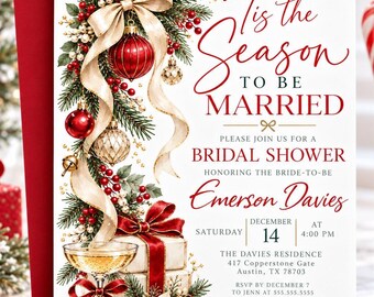 Christmas Bridal Shower Invitation, Tis the Season to Be Married Invite, Holiday Wedding Shower Editable Canva Template