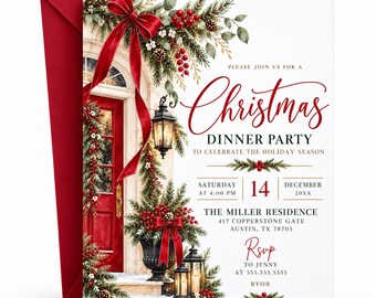 Christmas Dinner Party Invitation, Holiday Dinner Invite, Traditional Christmas Gathering Editable Canva Template