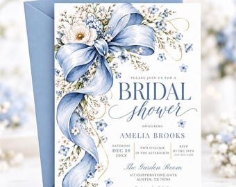 Something Blue Bridal Shower Invitation, Floral Bow Wedding Shower Invite, Bridal Brunch Editable Canva Template