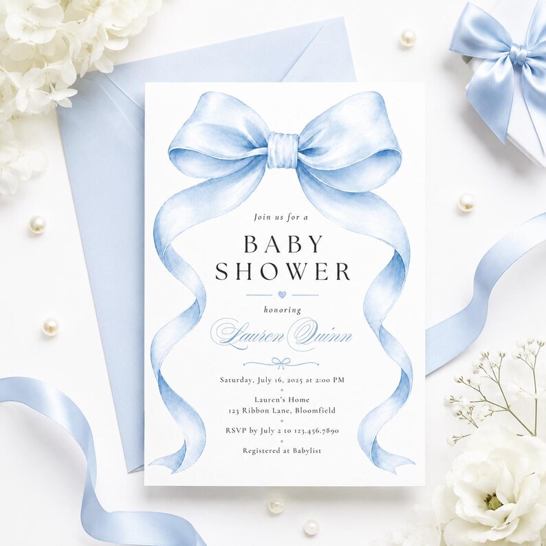 May include: A white baby shower invitation card featuring a large watercolor light blue ribbon bow at the top. The text reads: Join us for a BABY SHOWER honoring Lauren Quinn, Saturday, July 16, 2025 at 2:00 PM, Lauren's Home, 123 Ribbon Lane, Bloomfield.