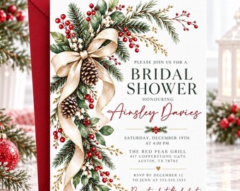 Christmas Bridal Shower Invitation, Winter Wedding Shower Invite, Elegant Holiday Invite with Bow, Editable Canva Template