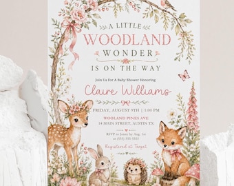 May include: A baby shower invitation card featuring a watercolor woodland scene with a fawn, rabbit, hedgehog, and fox. The text reads A LITTLE WOODLAND WONDER IS ON THE WAY, honoring Claire Williams on Friday, August 9th at 1:00 PM in Austin, TX.