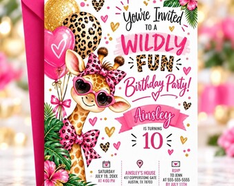 Party Animal Birthday Invitation, Pink Safari Girls Birthday Invite, Giraffe Invitation, Digital Editable Template
