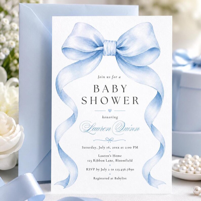 May include: A white baby shower invitation card featuring a large watercolor light blue ribbon bow at the top. The text reads: Join us for a BABY SHOWER honoring Lauren Quinn, Saturday, July 16, 20xx at 2:00 PM, Lauren's Home, 123 Ribbon Lane, Bloomfield.