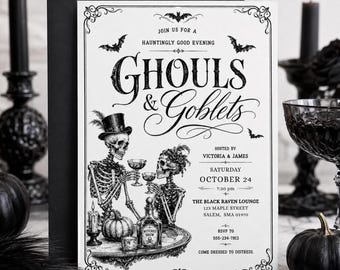 Adult Halloween Party Invitation, Vintage Skeleton Cocktail Party Invite, Gothic Halloween Dinner, Canva Editable Template