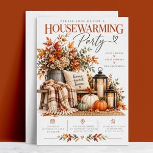 May include: A housewarming party invitation card featuring autumn leaves, a plaid blanket, a pillow with the text home sweet home, and two lanterns with candles. The card includes event details, date, time, and address in Austin, TX.