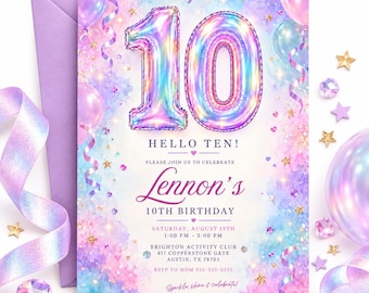 Könnte beinhalten: Eine Geburtstagseinladungskarte mit einer großen, irisierenden Zahl 10 als Ballon-Grafik, pastellfarbenen Aquarellwolken und goldenen Sternen. Der Text lautet: HELLO TEN! PLEASE JOIN US TO CELEBRATE Lennon's 10TH BIRTHDAY, AUGUST 19TH.