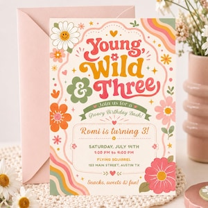 Zaproszenie na urodziny Young Wild and Three, zaproszenie na 3. urodziny Groovy, zaproszenie na urodziny dziewczynki, zaproszenie cyfrowe