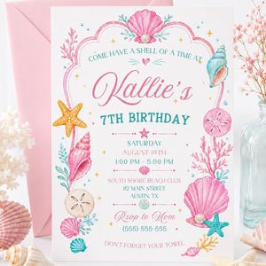 Modelo de convite de aniversário com tema praiano, convite para festa com conchas (convite digital)