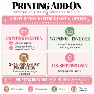 May include: A graphic informational sign titled PRINTING ADD-ON. It outlines optional printing services for digital designs, including 5x7 prints with envelopes, 2-3 business day production, and U.S. shipping only. It specifies that printing is extra and does not include design services.