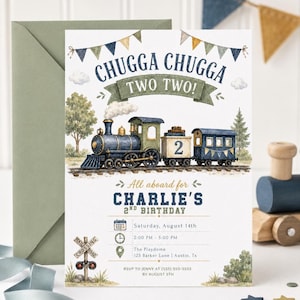 May include: A birthday invitation card featuring a watercolor steam train with a number two on the carriage. The text reads Chugga Chugga Two Two, All aboard for Charlie's 2nd Birthday, Saturday, August 14th, 2:00 PM - 5:00 PM, The Playdome, 123 Barker Lane, Austin, Tx, RSVP to Jenny at (555) 555-5555 by August 5th.