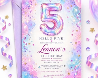 May include: A birthday invitation card featuring a large, iridescent, foil-style number 5 balloon at the top. The background has a watercolor wash of pink, blue, and purple with gold stars and confetti. Text reads: HELLO FIVE! Lennon's 5TH BIRTHDAY.