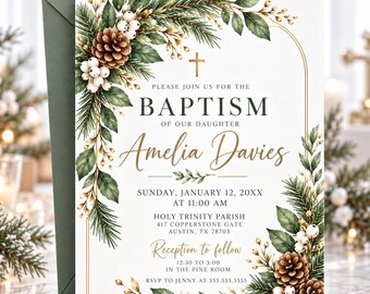 Winter Baptism Invitation, Rustic Greenery Christening Invite, Christmas Baptism, Digital Canva Template