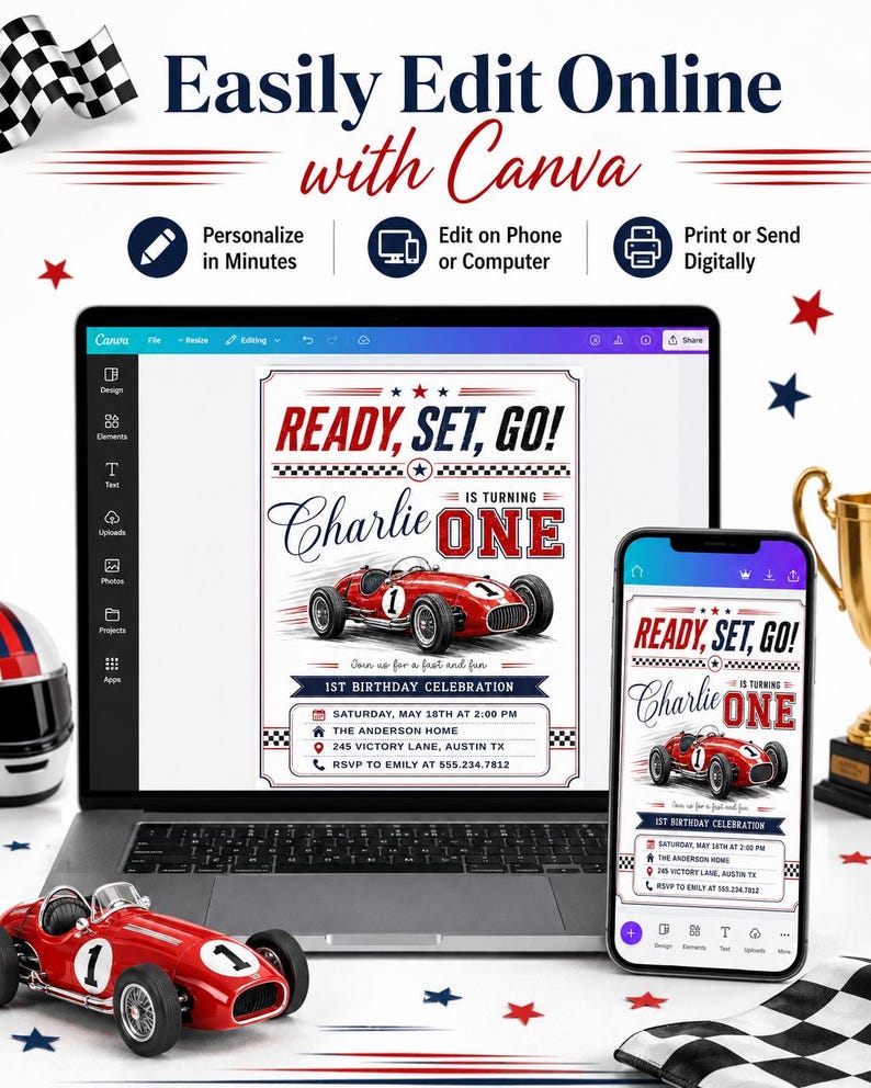 Race Car 1st Birthday Invitation, Boys First Birthday Invite, Vintage ...