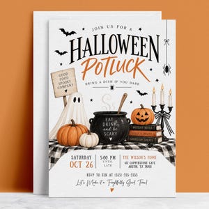 May include: A Halloween potluck invitation card featuring a black cauldron with the text EAT DRINK AND BE SCARY, a ghost, pumpkins, a stack of books titled WITCHY BITES, SPELLS & SNACKS, and GHOULISH TREATS, a candelabra, and bats on a checkered cloth.