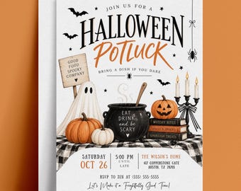 May include: A Halloween potluck invitation card featuring a ghost, pumpkins, a black cauldron with the text 'Eat Drink and be Scary', a stack of books, and a candelabra. The card includes event details for Oct 26 at 5:00 PM at The Wilson's Home.
