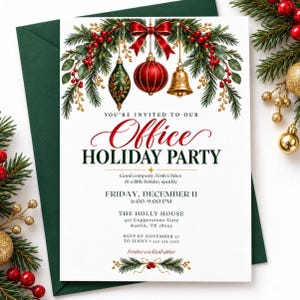 May include: A white invitation card featuring a festive garland with red berries, a red bow, and gold ornaments. The text reads: You're invited to our Office Holiday Party, Friday, December 11, 6:00-9:00 PM, The Holly House, 417 Copperstone Gate, Austin, TX 78703.