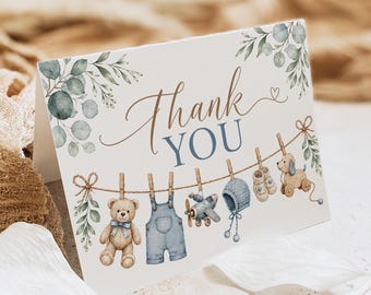 Baby Shower Thank You Card, Baby Boy Clothesline Folded Note Card, Printable Canva Template