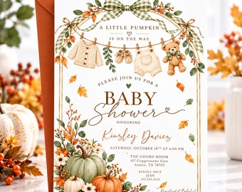 May include: A baby shower invitation card featuring a green gingham bow, a clothesline with a sweater, booties, overalls, and a teddy bear. Text reads: A LITTLE PUMPKIN IS ON THE WAY, BABY SHOWER, Kinsley Davies, October 19th, 4:00 PM, The Gourd Room.