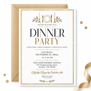 Op de afbeelding: Een witte uitnodigingskaart voor een dinerfeest met goudkleurige randen en tekst. Bovenaan staat een gouden illustratie van een bord, vork, mes en kaarsen. De tekst bevat details over de datum, tijd, locatie en RSVP in zwart en goud.